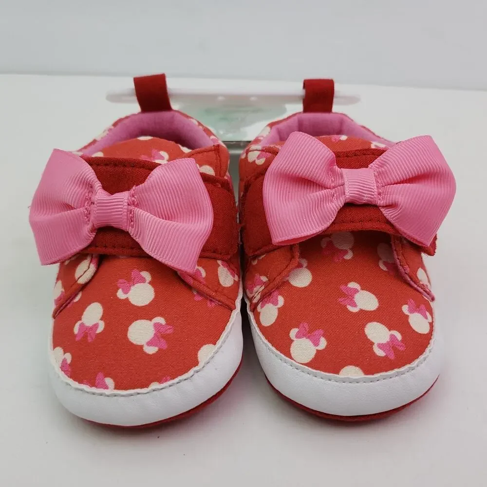 Disney Infant Baby Size 9-12 Months Red Pink Minnie Mouse Bow Slipper Shoes